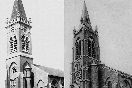Zvonice kostela Provin, zničeného v roce 1918, ve srovnání se zvonem kostela slavnostně otevřeného v roce 1932.