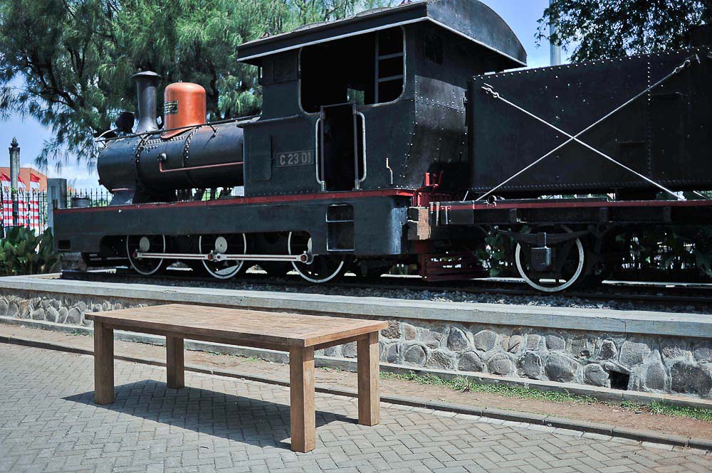 Locomotive and Teak Table in front of Lawang Sewu building, Semarang