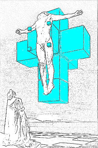 Salvador Dalí's Crucifixion (Corpus Hypercubus), 1954, uniquely depicts Christ upon the mathematical net of a hypercube, as illustrated in this drawing of the painting. The four nails are represented by four cubes floating in the hyperspace.[74][75][76]