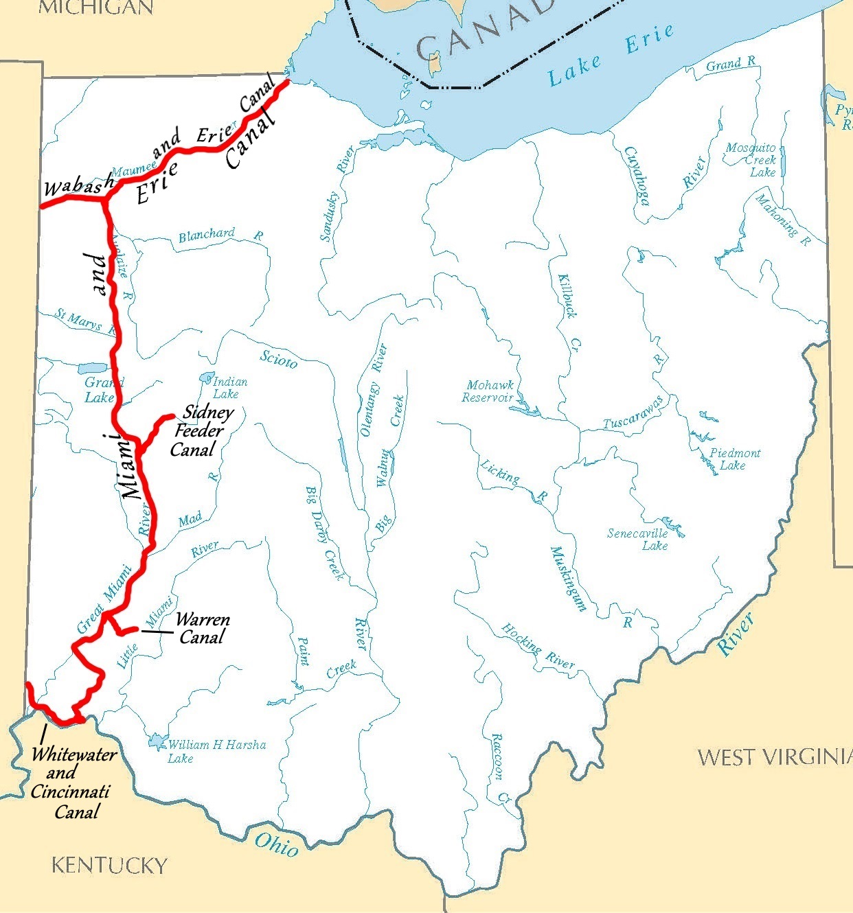 map of erie canal File Miami And Erie Canal System Map Captioned Jpg Wikimedia Commons