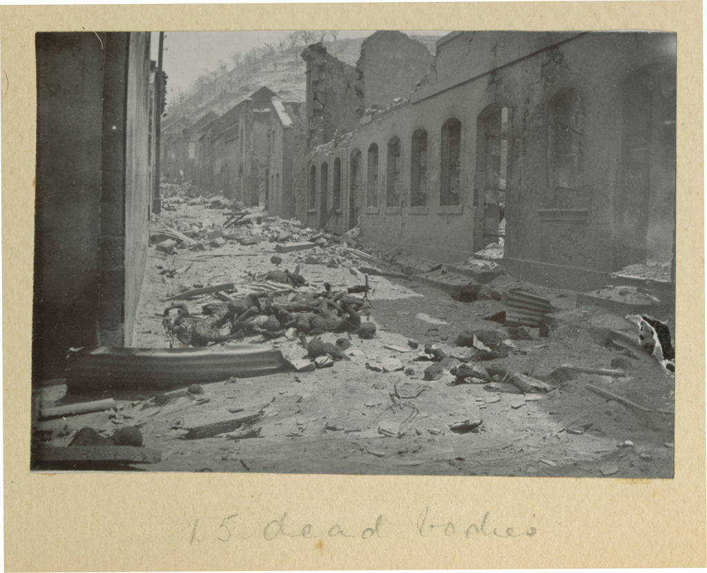 "15 dead bodies." Photo of destroyed buildings and the bodies of people killed by the eruption of Mount Pelée in Saint-Pierre, Martinique, May 1902. By W. G. Cooper.