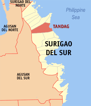 Mapa han Surigao del Sur nga nagpapakita kon hain nahamutang an Syudad han Tandag