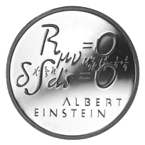 A Swiss commemorative coin from 1979, showing the vacuum field equations with zero cosmological constant (top).