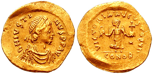 The Byzantine Emperors  Tremissis-Justin_I-sb0058