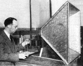 The first modern horn antenna in 1938 with inventor Wilmer L. Barrow