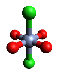 Ball-and-stick model of chromium(II) chloride tetrahydrate. Chromium(II) chloride tetrahydrate.png