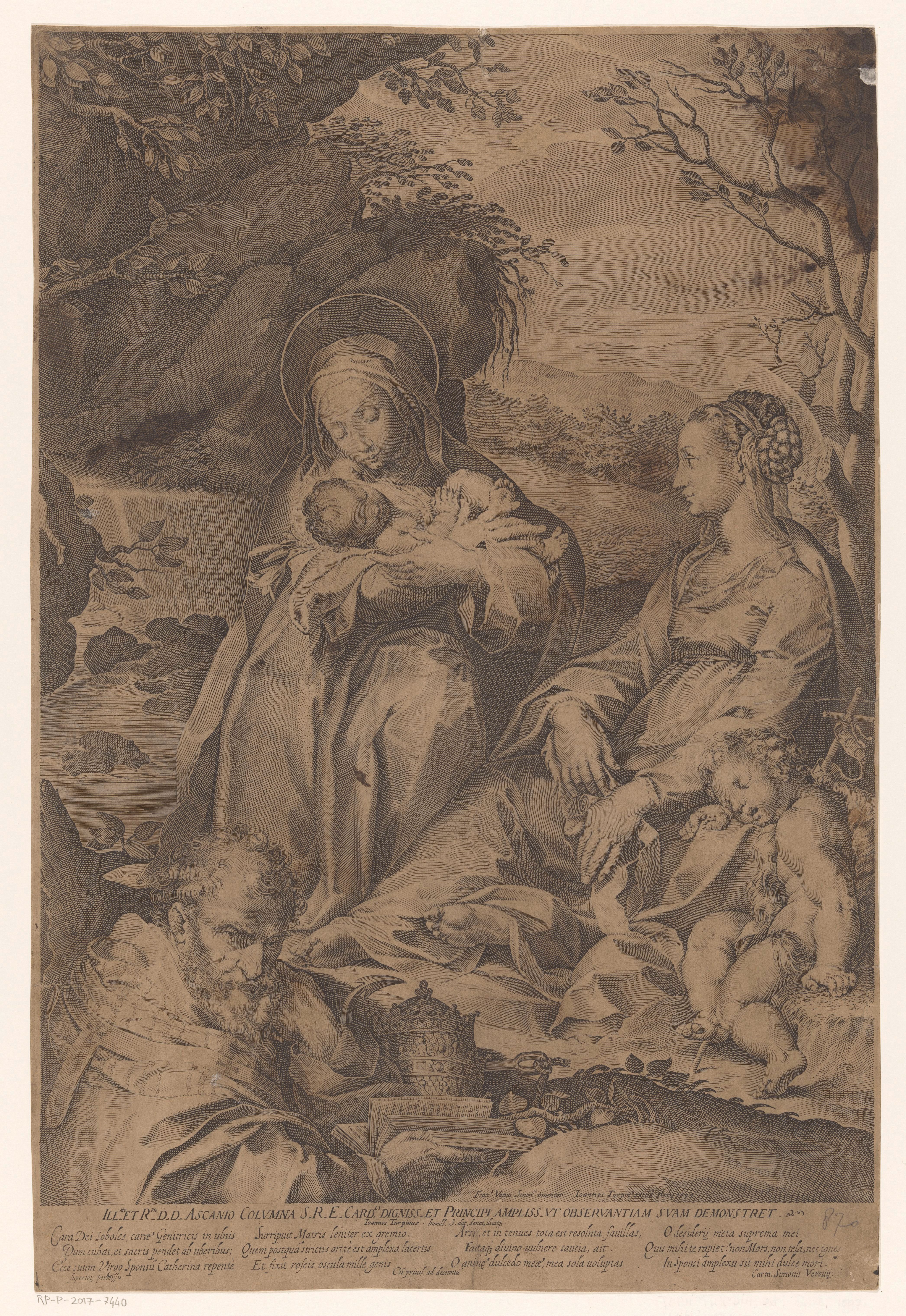 Heilige Catharina van Siena met het Christuskind, Maria, een slapende Johannes de Doper en een paus, RP-P-2017-7440