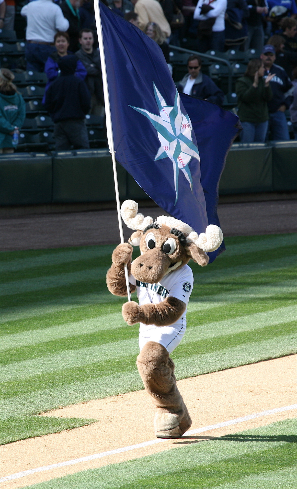 The Mariner Moose, mascot of the Seattle Mariners, poses during