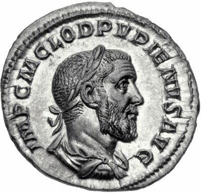 Denarius of Pupienus. Inscription: IMP CM COLD PUPIENUS AUG