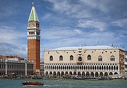 (Venice) Doge's Palace and campanile of St. Mark's Basilica facing the sea.jpg