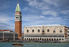 Doge's Palace and campanile of St. Mark's Basilica facing the sea