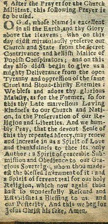 A Collect for 5 November in the Book of Common Prayer published in London in 1689, referring to the Gunpowder Plot and the arrival of William III. 1689 Prayerbook Collect for 5 November.jpg