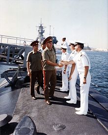 USS Guitarro (SSN-665) hosting the first tour of a US nuclear submarine by high-ranking Russian officials: The late General Colin Powell is in the rear of the group 1990 Oct Russian Tour of USS Guitarro (SSN-665) with General Colin Powell.jpg