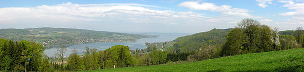 View of Untersee (Lake Constance) near Eschenz with the German shore beyond. Lake Constance and the river Rhine mark the northern border of the canton