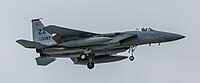 A US Air Force F-15C Eagle, tail number 85-0097, on final approach at Kadena Air Base in Okinawa, Japan. It is assigned to the 44th Fighter Squadron at Kadena AB.