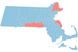 Current Senate composition by district
Democratic held Republican held
Independent held Vacant 2022 Massachusetts Senate composition by district.svg