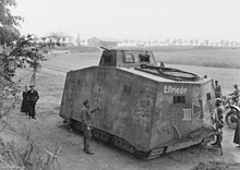 A captured German tank at Saleux, an A7V, with the name Elfriede, used for the first time at Villers-Bretonneux, in the attack of 24 April 1918. Taken May 26, 1918 A7V Elfriede.jpg