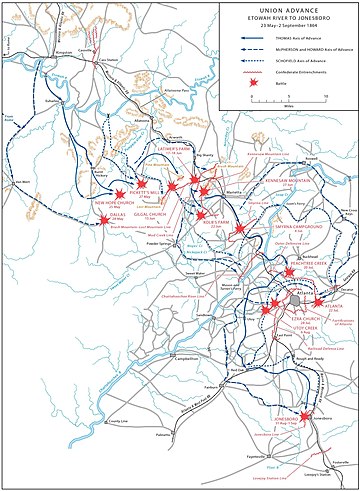 Map shows the Union advance from the Etowah River to Jonesboro.