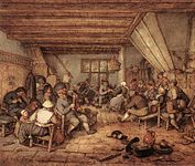 Feasting Peasants in a Tavern label QS:Len,"Feasting Peasants in a Tavern" label QS:Lpl,"Świętujący chłopi w obeży" label QS:Lnl,"Feestende boeren in een herberg" 1673. Pen in brown and black, gouache, washed, over graphite on paper. 21.8 × 25.7 cm (8.5 × 10.1 in). Amsterdam, Rijksmuseum Amsterdam.