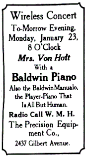 Advertisement for WMH's January 23, 1922 "Wireless Concert". Advertisement for radio station WMH in Cincinnati, Ohio (1922).gif