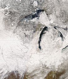 A NASA satellite image of the Great Lakes states after the snowfall Aftermath of US Winter Storm.jpg