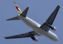 Belly of an Air Zimbabwe Boeing 767-200ER. With registration Z-WPF and named Chimanimani, this aircraft entered the fleet in 1990.[16] It wears the carrier's latest eurowhite livery in 2011.