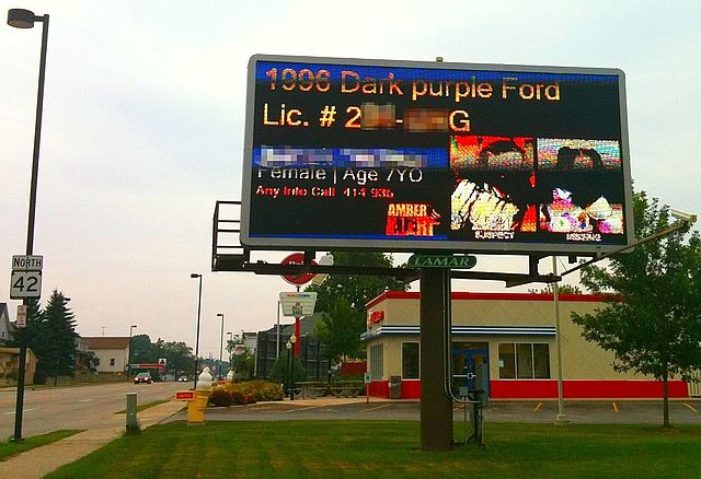 An example of a July 2010 Amber Alert from Milwaukee, Wisconsin, where electronic LED billboards, such as this one in Sheboygan, Wisconsin owned by La