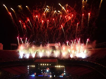 Fireworks go off at the conclusion of the "E! Street! Band!" exhortation during the final shows at Giants Stadium.
