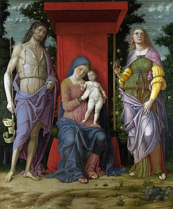 Saint Jean Baptiste présent à gauche dans la Vierge à l'Enfant, de Mantegna (1490-1506)