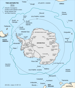 Antarktis: Land- a Mieresgebidder ronderëm de Südpol