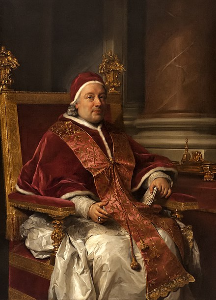 Pope Clement XIII; his 1766 recognition of the Hanoverian monarchs as legitimate kings of Ireland and Great Britain allowed senior Catholics to accommodate to the regime