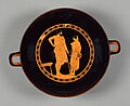 A second image of the same Attic kylix. This is the interior of the kylix. The exterior of the Kylix shows pederastic courtship scenes. Artist; Douris. Potter; Attributed to the Python potter. Date; Around 480BCE. Museum; J. Paul Getty Museum