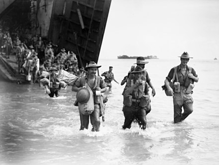 Australian troops comprising the 24th Brigade landing on Labuan on 10 June 1945