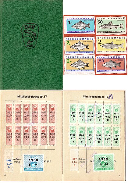 File:Ausweis Deutscher Angler-Verband der DDR, DAV, Beitragsmarken 1988 - 1989, Spendenmarken.jpg