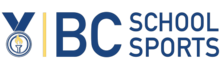 BC School Sports Logo (Description: The horizontal text "BC School Sports" beside a dark blue medal with a yellow torch in the middle)