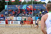 Deutsch: Beachhandball Europameisterschaften 2019 (Beach handball Euro); Tag 6: 7. Juli 2019 – Spiel um Platz Drei, Männer, Ungarn-Russland 2:0 (26:20, 23:22) English: Beach handball Euro; Day 6: 7 July 2019 – Men's Bronze Medal Match – Hungary-Russia 2:0 (26:20, 23:22)