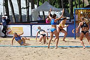 Deutsch: Beachhandball Europameisterschaften 2019 (Beach handball Euro); Tag 2: 3. Juli 2019 – Frauen, Vorrunde Gruppe D, Dänemark-Russland 2:0 (21:16, 18:12) English: Beach handball Euro; Day 2: 3 July 2019 – Women Preliminary Round Group D – Denmark-Russia 2:0 (21:16, 18:12)