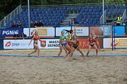 Deutsch: Beachhandball Europameisterschaften 2019 (Beach handball Euro); Tag 2: 3. Juli 2019 – Frauen, Vorrunde Gruppe D, Ukraine-Deutschland 2:0 (23:22, 32:24) English: Beach handball Euro; Day 2: 3 July 2019 – Women Preliminary Round Group D – Ukraine-Germany 2:0 (23:22, 32:24)