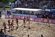 Deutsch: Beachhandball bei den Olympischen Jugendspielen 2018; Tag 3, 10. Oktober 2018; Mädchen, Vorrunde, Gruppe B - Niederlande-Argentinien 2:0 English: Beach handball at the 2018 Summer Youth Olympics at 10 October 2018 – Girls Preliminary Round Group B‎ – Netherlands-Argentina 2:0