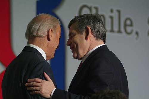 Brown greeting then-U.S. vice president Joe Biden in Chile, April 2009