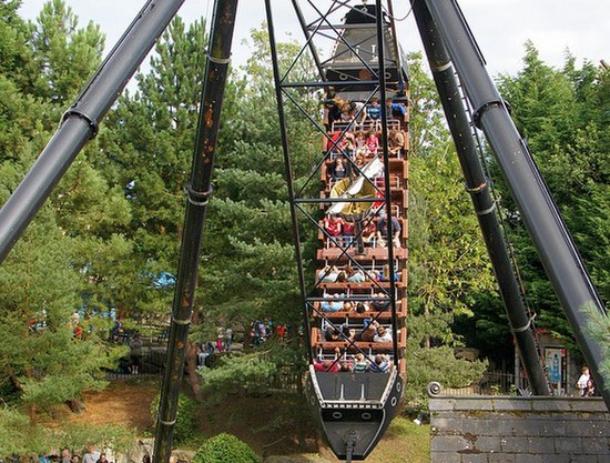 Black Buccaneer at Chessington World of Adventures. Riders at the apex of each swing are typically suspended at around 60 feet (18 metres) above the g