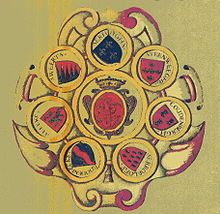 Arms of the Seven Houses, in an 18th Century manuscript. Blasons lignages mss XVIIIeme.jpg