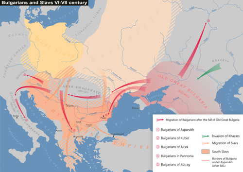Migracje Bułgarów w okresie rządów Dulo (1 – Bułgaria naddunajska Asparucha, 5 – Bułgaria wołżańsko-kamska Kotraga)