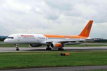 A Boeing 757-200 with Skyservice and Sunwing dual-livery on it, August 2005 C-GMYH B757-236 Skyservice-Sunwing MAN 15AUG05 (6590678193).jpg