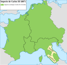 Sous Charles III, en 887, l'Empire carolingien est pratiquement reconstitué.