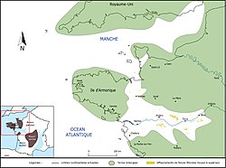 Carte de l'extension maximale supposée de la mer des faluns au cours du Miocène moyen.