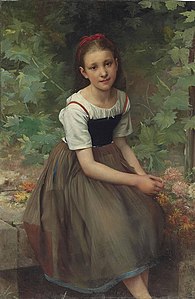 A young girl with flowers label QS:Len,"A young girl with flowers" 1877