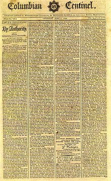 Front page of a newspaper announcing the second Militia Act of 1792. Columbiancentinelxvii.jpg