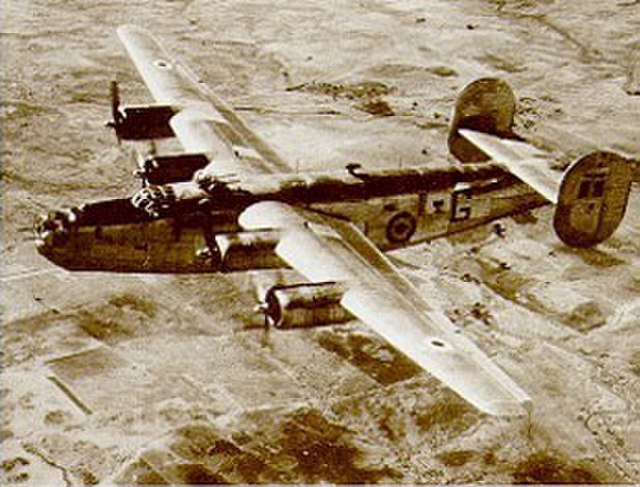 An IAF Consolidated B-24 Liberator heavy bomber over the Deccan plateau in the early 1950s