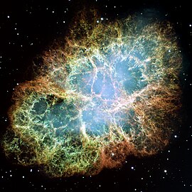 Mozaikowy obraz Mgławicy Krab.  Stworzony przez NASA przy użyciu Kosmicznego Teleskopu Hubble'a w latach 1999-2000.